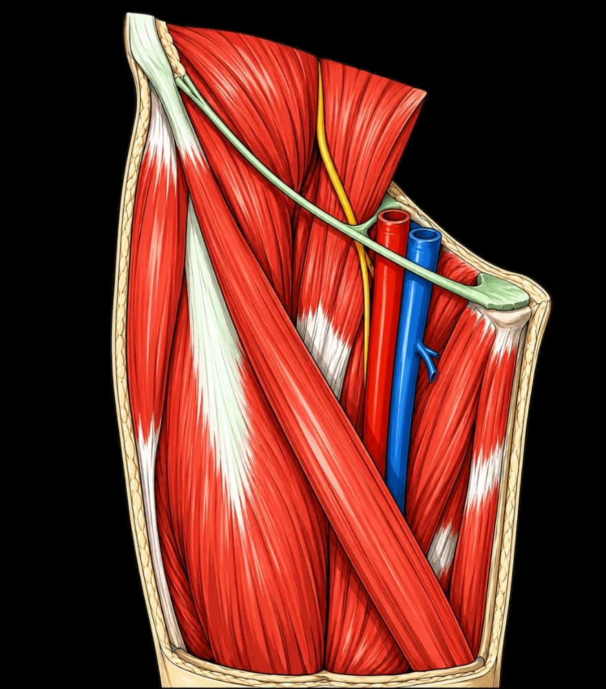 Schéma anatomique du trigone fémoral (triangle de Scarpa) : ligament inguinal, muscle sartorius, muscle long adducteur, artère fémorale, veine fémorale, nerf fémoral et ganglions inguinaux