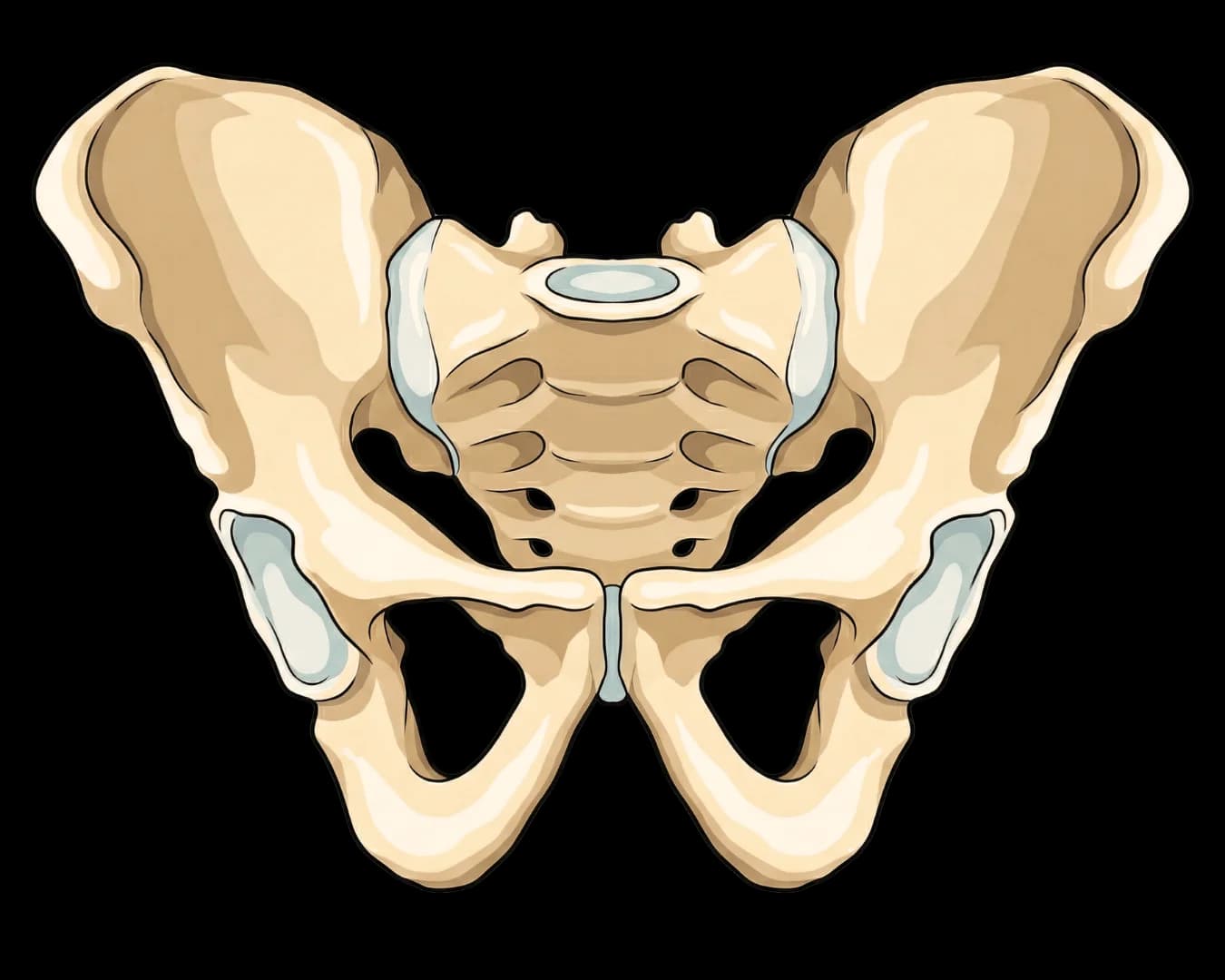 Schéma anatomique du bassin osseux en vue antérieure montrant les os coxaux, le sacrum, la symphyse pubienne et l'acétabulum