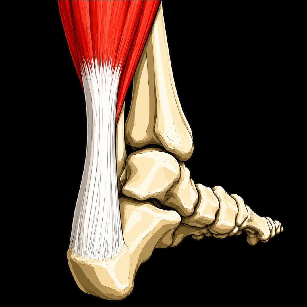 Schéma du tendon d'Achille en vue latérale montrant son insertion sur le calcanéus, les muscles du mollet en rouge et les os du pied