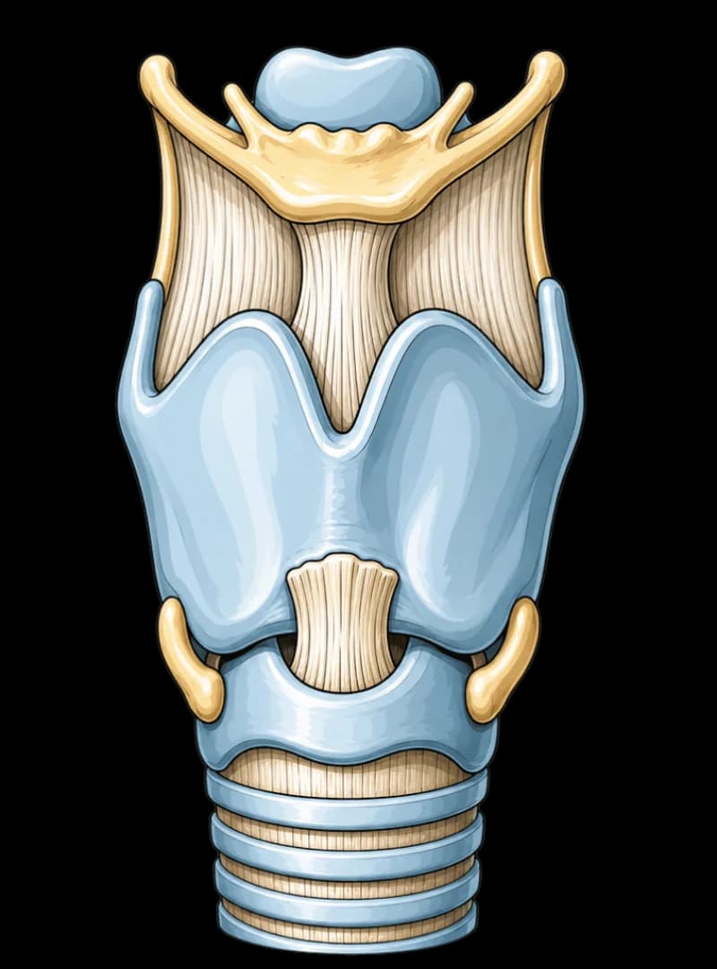 schéma anatomique du larynx en vue antérieure montrant les cartilages thyroïde, cricoïde, épiglotte et trachée