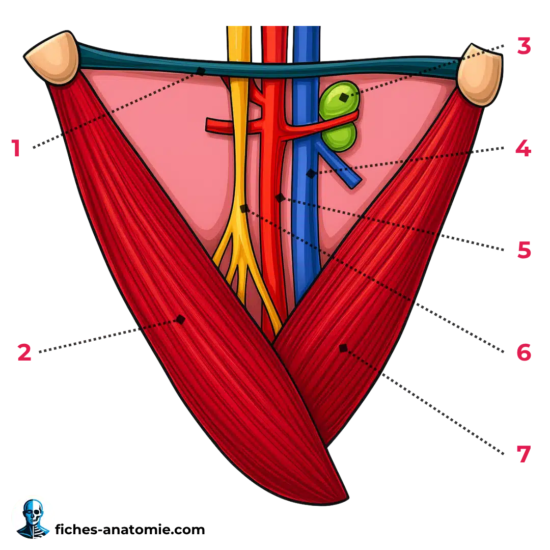 Schéma anatomique du triangle de Scarpa (trigone fémoral) montrant les limites musculaires, l’artère fémorale, la veine fémorale, le nerf fémoral et les ganglions inguinaux
