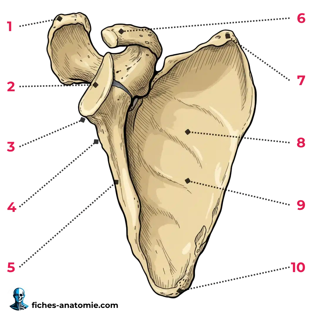 schéma anatomique de la scapula en vue antérieure, montrant la fosse subscapulaire et le processus coracoïde